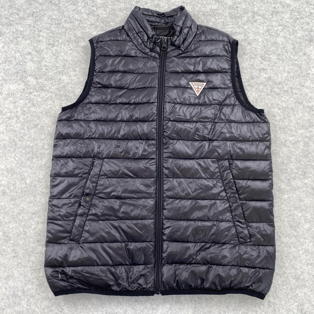 Guess Vest Mens Small Black Quilted Puffer Full Zip Logo Outdoor Lightweight